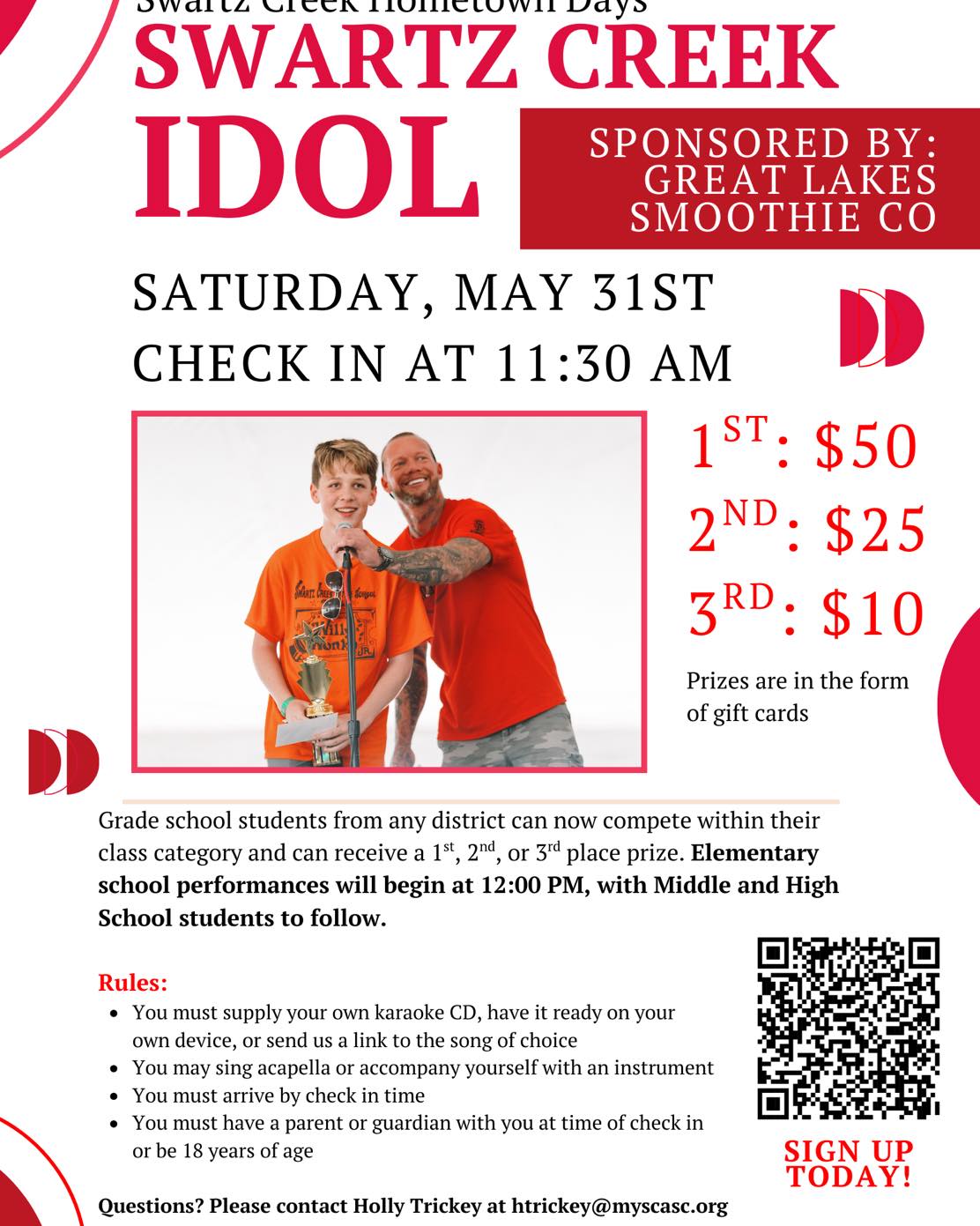 🎤 TODAY’S THE DAY to shine at Swartz Creek Idol!
Check-in opens at 11:30AM — elementary schoolers hit the stage at 12PM, with older students to follow!
🎶 Sing your heart out for a chance at $50, $25, or $10 in prizes — sponsored by Great Lakes Smoothie Co!
Bring your karaoke track or perform live 🎸🎤 — however you do it, just bring the energy!
📍Downtown Swartz Creek | Questions? Email htrickey@myscasc.org
#SCHTD2025