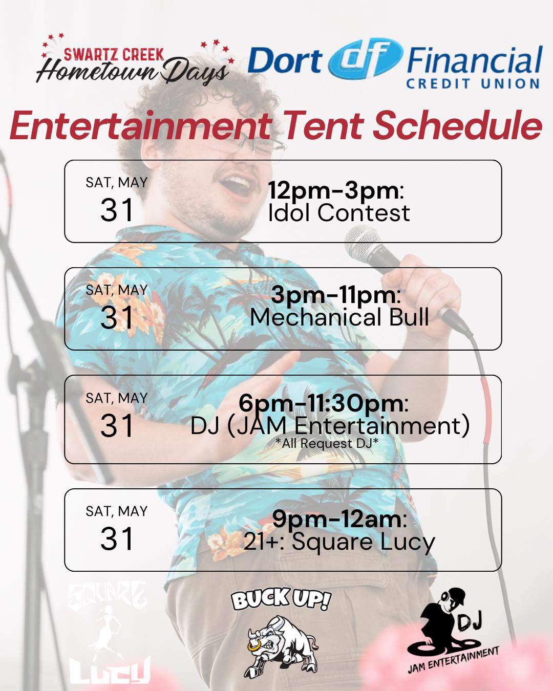 🎤🎶 It’s ENTERTAINMENT TENT SATURDAY at Swartz Creek Hometown Days! 🎪🔥
👉 Here’s what’s going down today, May 31:
🎤 12–3PM: Idol Contest – cheer on your favorite local stars!
🐂 3–11PM: Mechanical Bull – think you’ve got what it takes?
🎧 6–11:30PM: JAM Entertainment All-Request DJ – your playlist, your vibe!
🎸 9PM–MIDNIGHT: Square Lucy LIVE (21+ only) – end the night with a bang!
Thanks to Dort Financial Credit Union for powering up the party! 💥 Let’s go, Swartz Creek! 🙌
#SCHTD2025