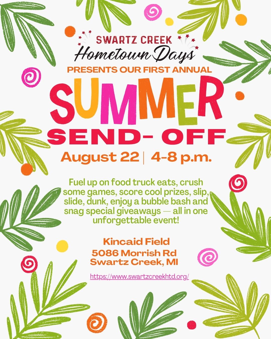 🎉 Drumroll, please... 🥁
We’re thrilled to announce our First Annual Summer Send-Off Bash!
Get ready for one last splash of summer fun — and yes, it’s going to be epic. 🌞🎈🎶
Fuel up on food truck eats, crush some games, score cool prizes, slip, slide, dunk, enjoy a bubble bash and snag special giveaways — all in one unforgettable event!
#SwartzCreekHometownDays #SummerSendOff #FunForAll