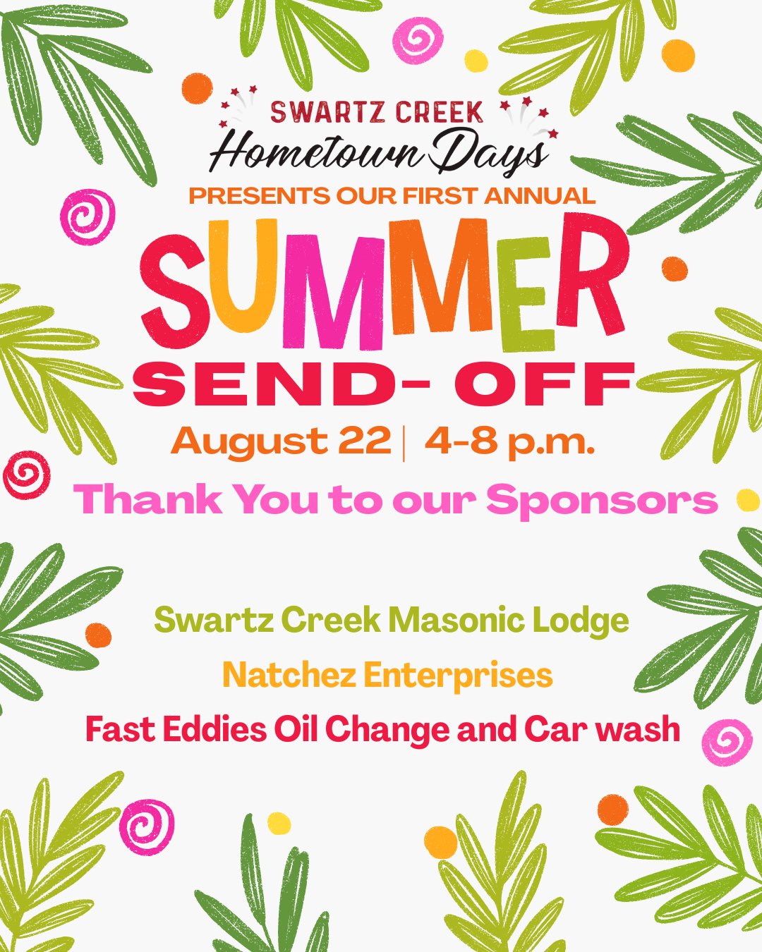 We’re getting ready for an amazing Summer Send-Off, and we couldn’t do it without the support of our incredible sponsors! Huge thanks to Swartz Creek Masonic Lodge #458 , Natchez Enterprise, and Fast Eddie's Car Wash and Oil Change for helping us bring this fun-filled community event to life! 🎉☀️