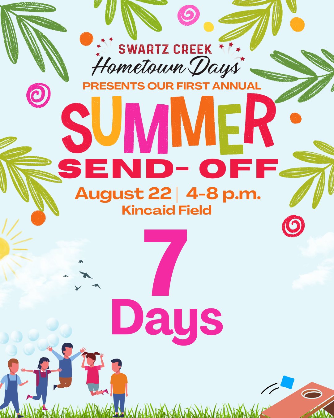Only 7 days until the First Annual Summer Send-Off! Get ready for food trucks, games, prizes, a foam party, and making memories!
#CommunityEvent #Swartzcreek #SummerSendOff