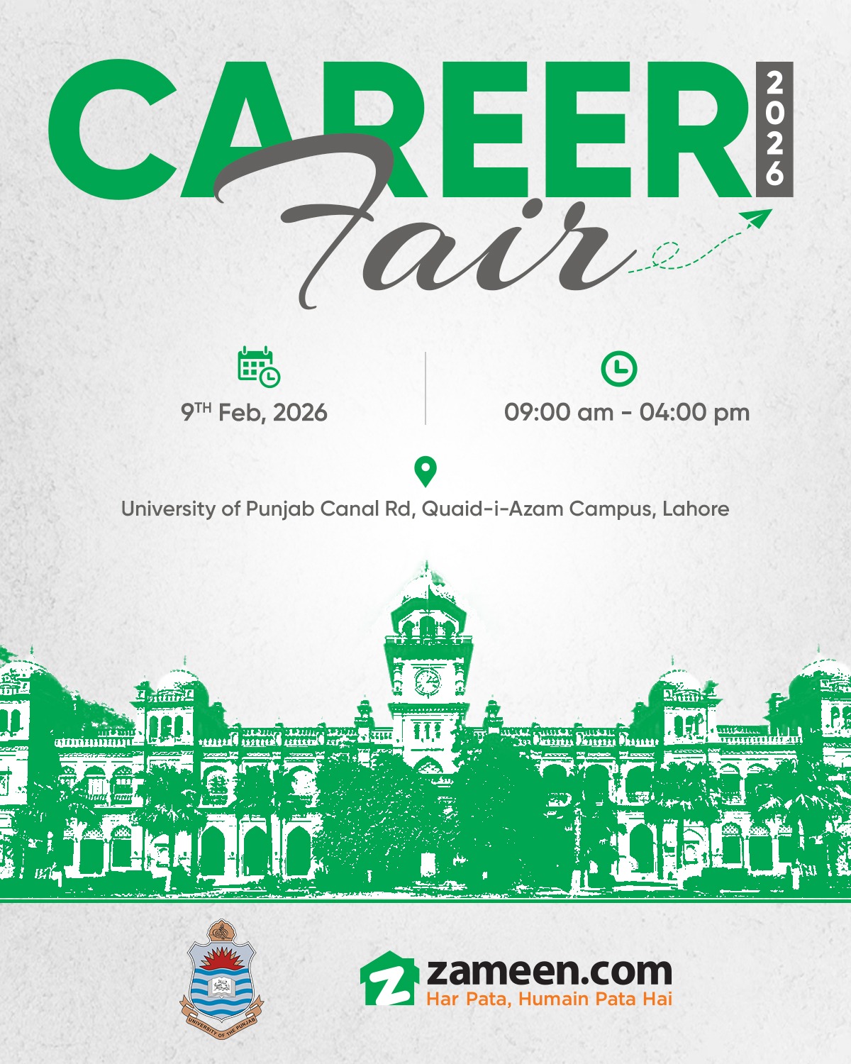 ๐ข Punjab University ร Zameen.com Central REGION
Zameen.com is excited to be part of the Career Expo at Punjab University.
๐ Venue: Punjab University ( Law college ground)
๐
Date: 09 February 2026
See you there!