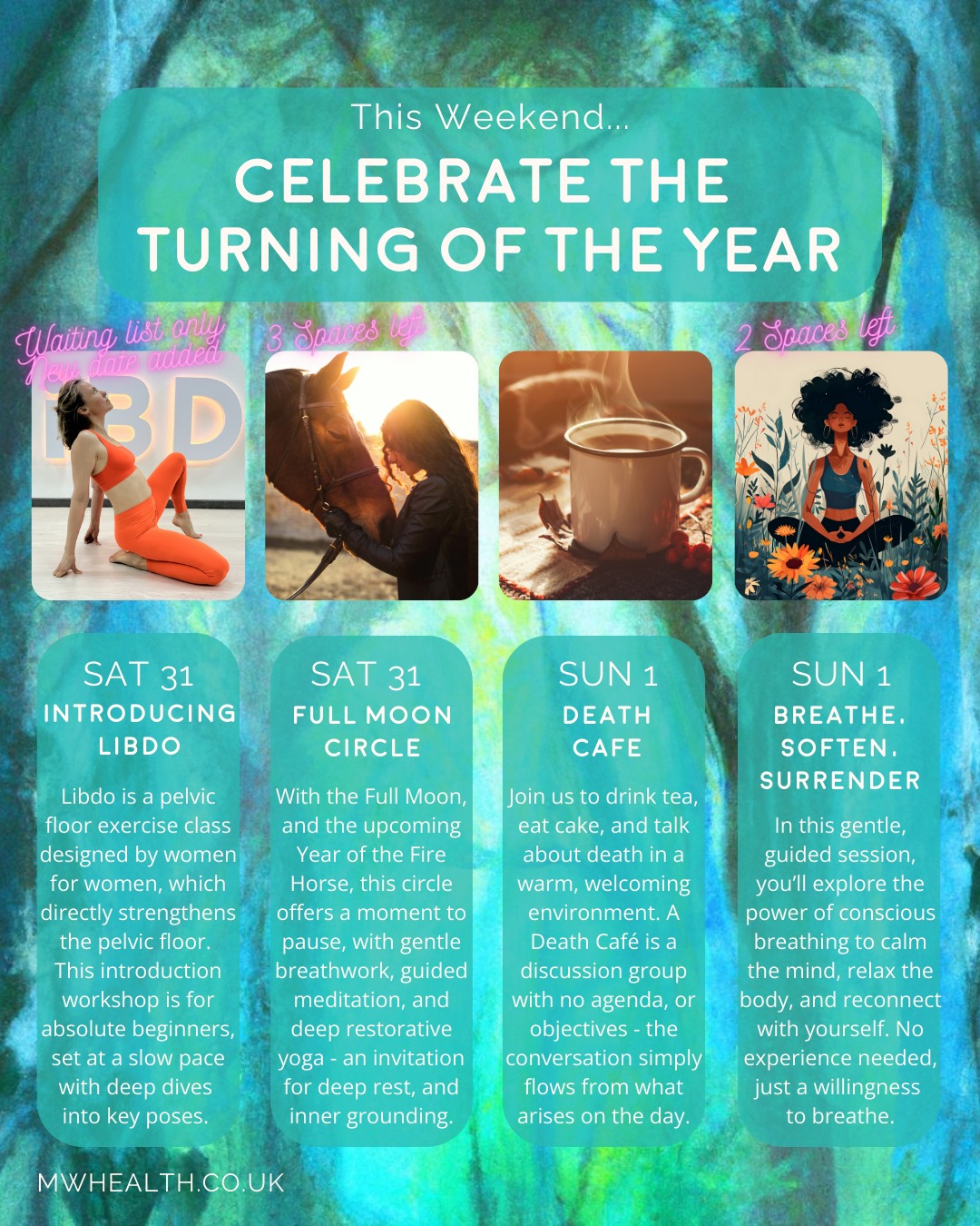 This weekend we welcome the mid-point between the Winter Solstice and the Spring Equinox, with our backs to the cold and our faces to the sun. The year is turning, a moment to pause, reflect and celebrate.
With this in mind, we have four beautiful offerings for you.
On Saturday afternoon Lucy Kohli introduces us to Libdo, a chance to rediscover our pelvic power and sensuality. This session is now “waiting list only”, but we have a new date in March for you to try.
On Saturday evening Chi Chong brings us into circle, to celebrate the full moon and to pause before the new lunar year in February - with breathwork, meditation and restorative yoga.
On Sunday afternoon Heidi Alden invites us to join the Death Café – an opportunity to explore death in a relaxed atmosphere, cake included!
On Sunday evening Kerry Miller and Christel Stanfield-Bruce welcome us into a space of deep relaxation with conscious breathing to calm the mind, relax the body, and reconnect with yourself.
So lay down your markers for the year, take a pause, feel the ground beneath your feet and welcome the turning of the year.
More info and book via our bio.