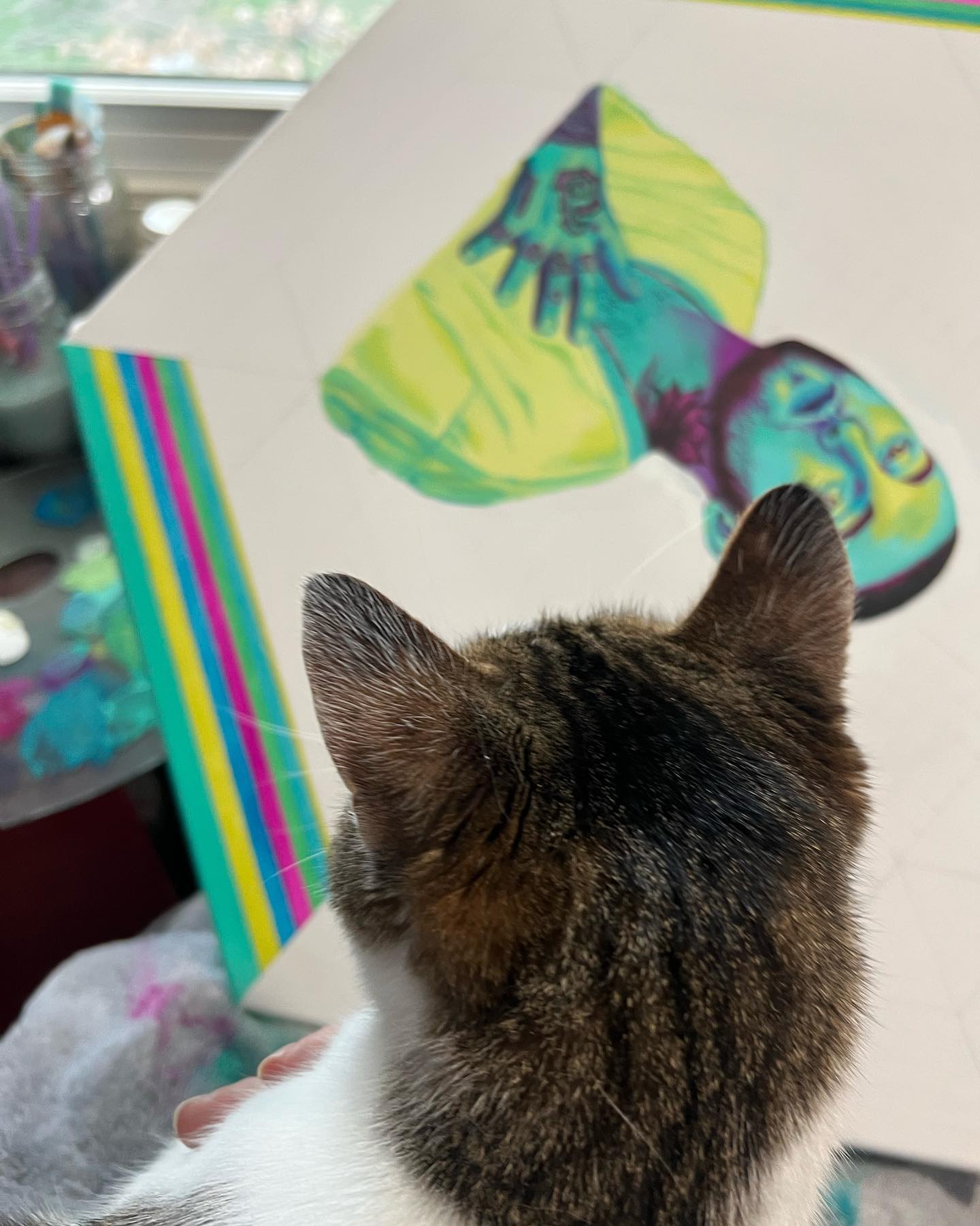 Anyone else’s kitty try and help paint?? 🥹💗 p.s… If you find a cat hair in the painting that’s just extra love 😂