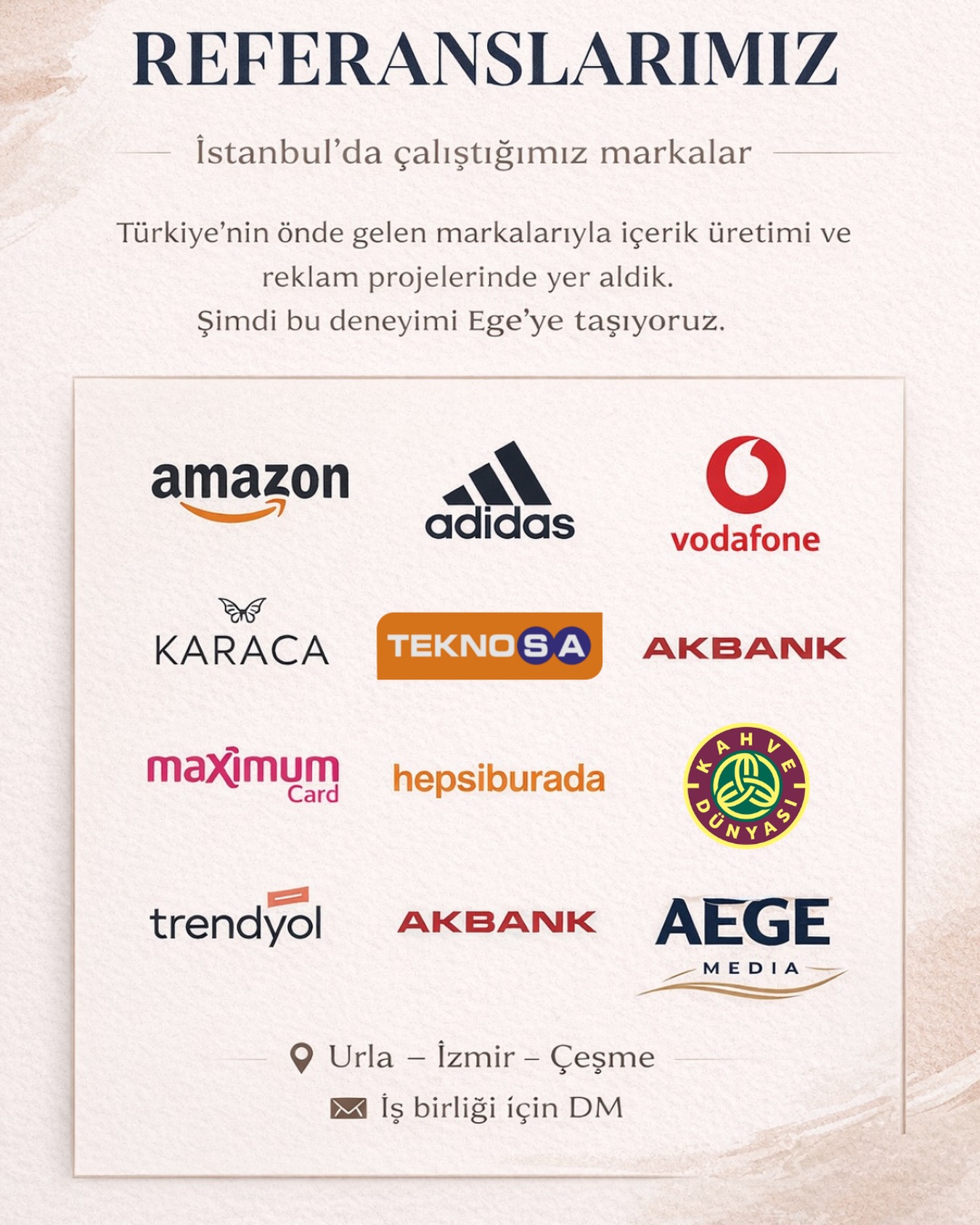 İstanbul’da birçok ulusal marka ile içerik üretimi ve reklam projelerinde yer aldık.
Amazon’dan Adidas’a, Vodafone’dan Karaca’ya kadar birçok markayla çalışarak edindiğimiz deneyimi şimdi Urla, Çeşme ve İzmir’deki yerel işletmeler için sunuyoruz.
Sosyal medya sadece paylaşım değil, doğru strateji ile müşteri kazandıran bir sistemdir.
AEGE MEDIA olarak;
• Mekan tanıtımı
• Profesyonel reel çekimi
• Sosyal medya yönetimi
• Marka iş birlikleri
ile işletmenizin dijitalde büyümesine destek oluyoruz.
📍 Urla – İzmir – Çeşme
📩 İş birliği için DM veya bio linki
@egedenerede
#izmirajans #urlareklam #sosyalmedyayönetimi #urlaişletmeler #cesmesosyalmedyajansı