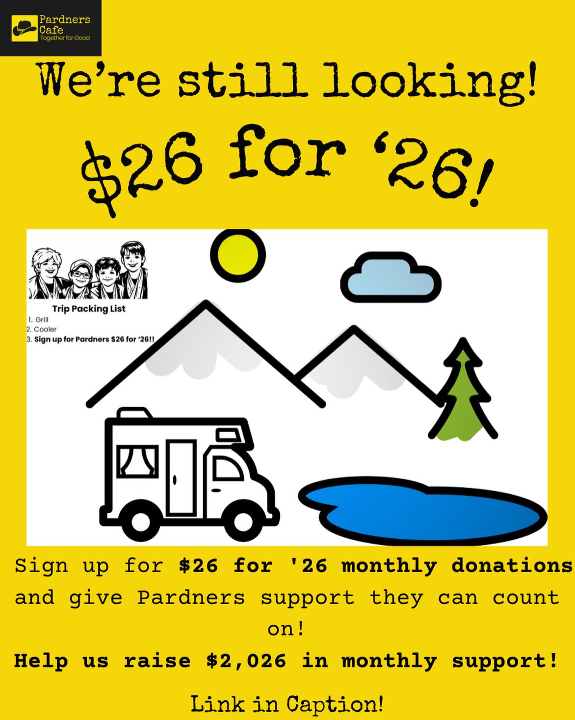 Thank you to everyone who has contributed to our 26$ for ‘26 monthly donation initiative! We are still looking for help. If you haven’t donated yet, click the link below, or in our bio to get started! We are better together! https://codypardners.networkforgood.com/projects/#lovethepardners #togetherforgood